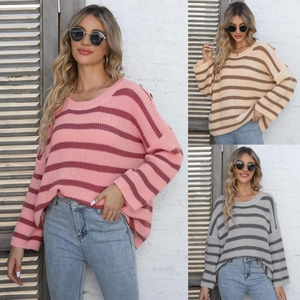 Women's Oversized Striped Knitted Sweater With Shoulder Buttons Patchwork Casual Round Neck Long Sleeve Pullover Top