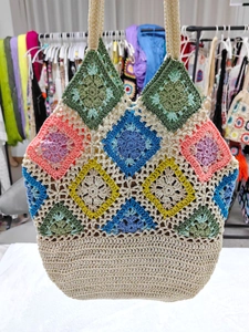 Boho Handmade Crochet Granny Square Shoulder Bag Retro Multi Color Patchwork Knitted Tote Bag For Women Vacation Beach Travel