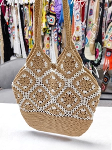 Women Casual Handmade Crochet Tote Bag Hollow Yarn Granny Square Patchwork Bohemian Shoulder Bag For Beach Vacation