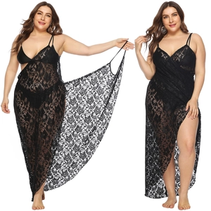 Vestito da Donna Taglie Forti Sexy in Pizzo Nero Trasparente Floreale Scollo a V Spacco Irregolare Copricostume Mare Camicia da Notte