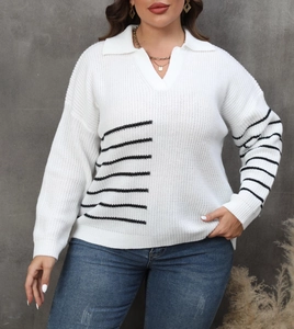 Detail of white ribbed knit sweater featuring contrast stripes and classic polo collar