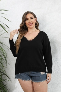 Plus size black V-neck knitted sweater with delicate lace trim and ribbed long sleeves