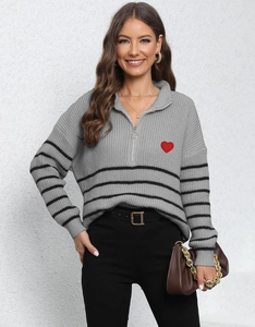 Women's grey quarter-zip striped knit sweater with red heart embroidery and loose fit style