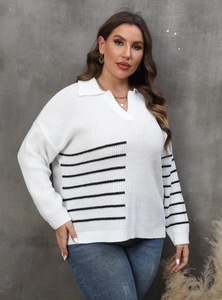Detail of white striped knit sweater with polo collar and black horizontal stripes