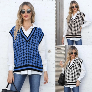 Gilet en Tricot Pied-de-poule pour Femmes Col en V Couleur Contrastée Ample Sans Manches Acrylique Mode Pull Top