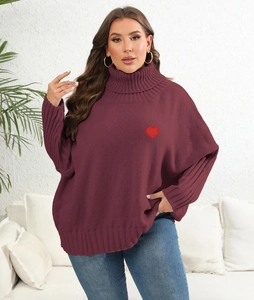 Oversized wine red turtleneck sweater with red heart embroidery and ribbed cuffs