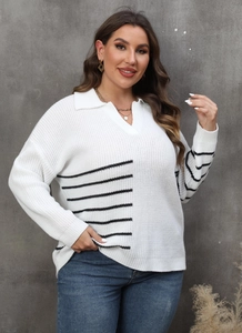 Detail showing the POLO collar and V-neckline texture of the striped knit sweater