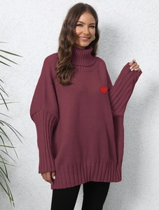 Burgundy oversized turtleneck sweater with red heart embroidery and batwing sleeves