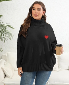 Plus size black turtleneck sweater with heart patch and relaxed fit for women