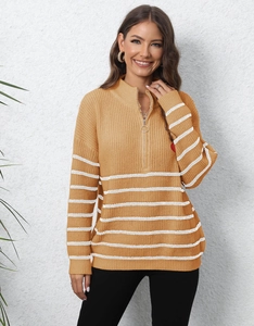 Detail of knitted texture and half-zip collar on yellow striped pullover sweater