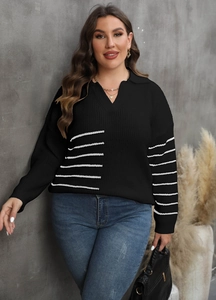 Women's black V-neck polo sweater with white stripes and elegant ribbed knit texture