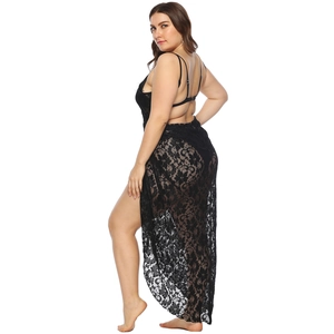 Abito da spiaggia sexy taglie forti in pizzo nero con spacco e motivo floreale