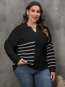 Plus size women black white color block striped polo neck sweater long sleeve knitwear