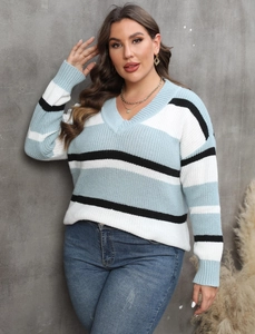 Detail of V-neck striped knit sweater in light blue, white and black color block design