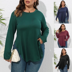 T-shirt à manches longues pour femmes avec col rond et ourlet arrondi fendu asymétrique