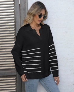 Women's striped polo collar knit sweater in black and white with casual V-neck design