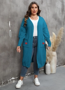 Women's V-neck lantern sleeve cardigan with red heart patches and large front pockets