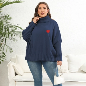 Navy blue turtleneck knit sweater with red heart embroidery in a loose oversized fit