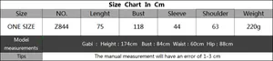 Size chart detail for hollow knit long sleeve bikini cover-up with exact measurements