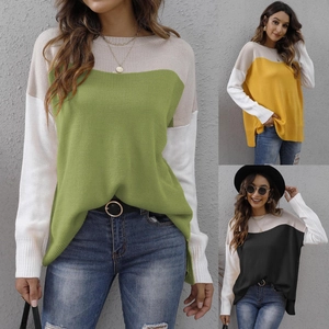 Women's Color Block Knitted Sweater Acrylic Loose Round Neck Long Sleeve Pullover Casual Street Style Patchwork Fashion Top