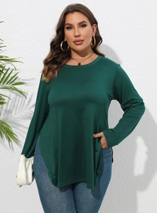 T-shirt à manches longues vert foncé pour femme avec col rond et fente latérale chic