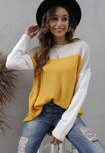 Detail of color-block knit sweater texture with beige, yellow and white panels