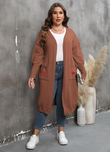 Women's V-neck knit cardigan with lantern sleeves and red heart patches in caramel