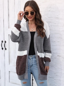 Detail view of the thick knit texture and color-block stripes on this casual cardigan