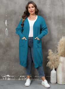 Cardigan femme long à manches lanternes et poches plaquées en bleu paon élégant