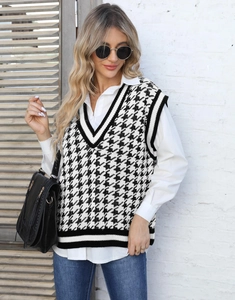 Débardeur en tricot pied-de-poule pour femme avec col en V et rayures contrastées