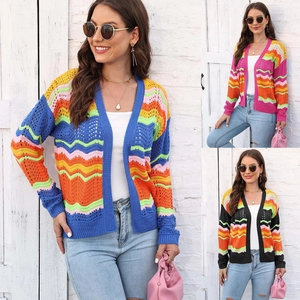 Three color variants of bohemian wave-patterned openwork knit cardigans for women