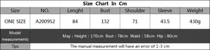 Detailed size chart for the loose V-neck knit dress with model reference and measurements