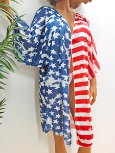 Cardigan de plage pour femmes avec motif étoiles et rayures et manches cloche