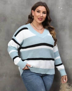 Close-up of V-neck striped knit sweater featuring light blue, white, and black color blocks
