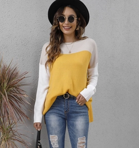 Detail of tricolor knit sweater with side slit hem in yellow and beige blocks