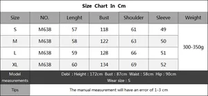Detailed size chart for women's rainbow striped knit sweater including measurements and model data