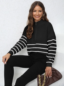 Close-up of knit sweater with striped sleeves, high neck zipper, and soft texture