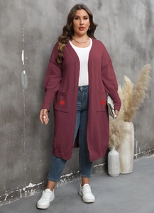 Women's V-neck oversized knit cardigan in burgundy with lantern sleeves and heart pockets