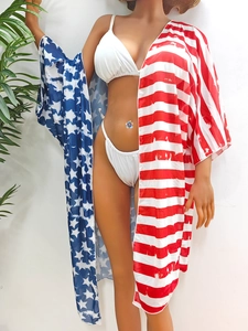 Ensemble bikini 3 pièces pour femme avec paréo de plage motifs étoiles et rayures USA