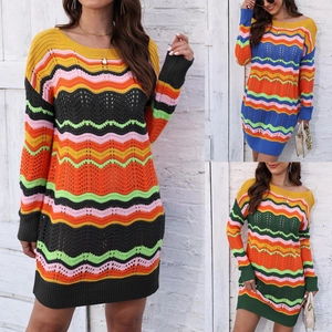Close-up of wavy rainbow striped crochet texture and hollow-out knit pattern detail