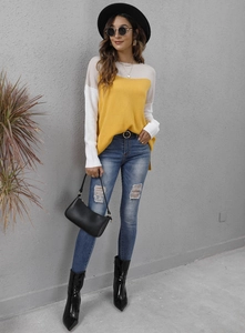 Three-color patchwork knit sweater in beige, yellow and white with crew neck detail