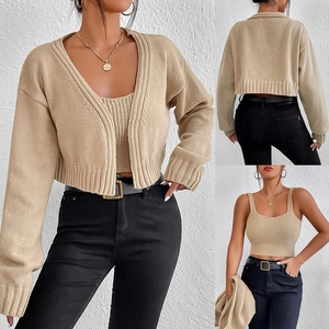 Close-up of beige ribbed knit texture on the V-neck cardigan and cropped camisole set