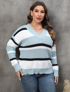 Macro shot of the V-neck detail and knit texture on the blue striped sweater