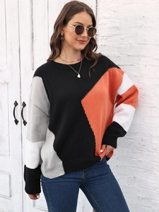 Maglione da Donna Casual in Maglia Geometrica Colorblock Girocollo Manica Lunga Autunno Inverno Moda Top in Maglia Comodo