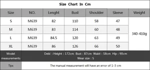 Detailed size chart for rainbow striped knitted dress including S-XL dimensions and model info