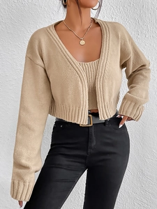 Women's khaki ribbed knit two-piece set featuring a V-neck cardigan and matching camisole top