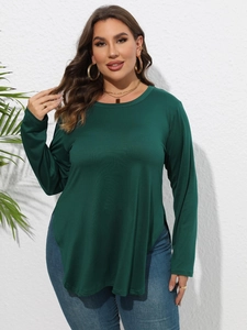 Détails du t-shirt vert foncé grande taille à manches longues et ourlet irrégulier