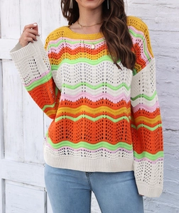 Close-up of rainbow striped open knit sweater featuring vibrant wavy pointelle patterns