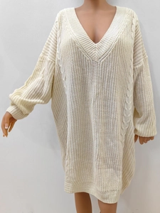 Women's Oversized V-Neck Cable Knit Sweater Dress Off Shoulder Long Sleeve Loose Solid Color Autumn Winter Acrylic Midi Dress