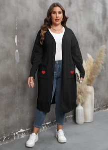 Women's black V-neck knit cardigan with red heart patches and large front pockets